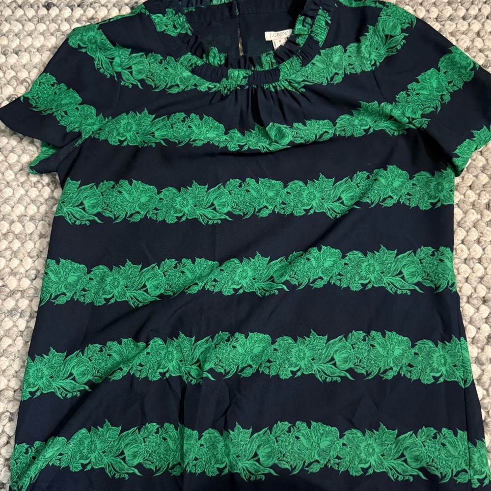 J. Crew Navy Top with Green Floral Stripes